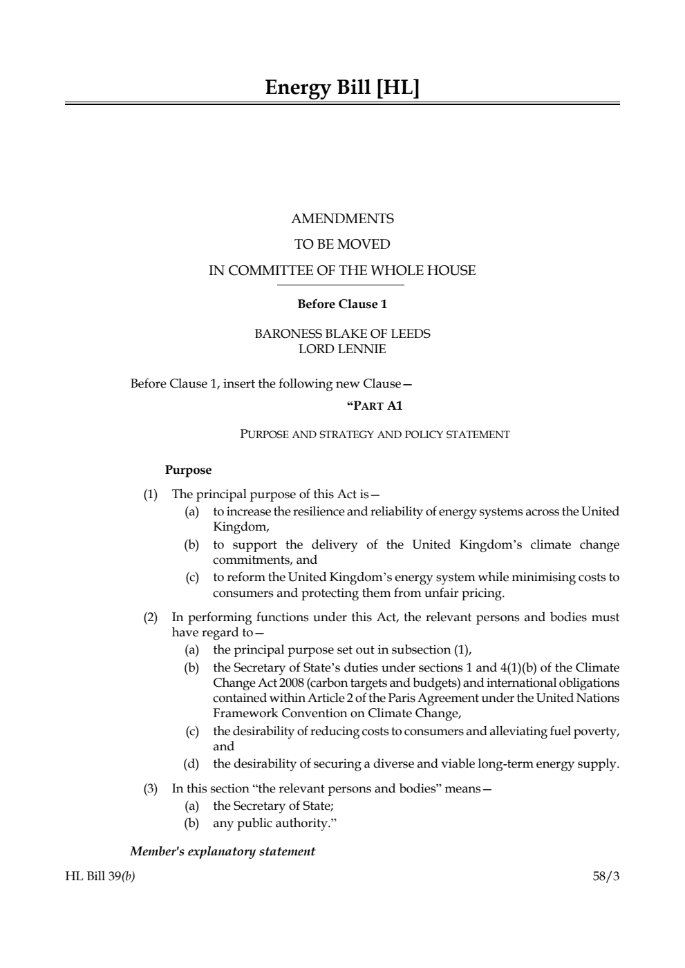 Energy Bill Amendments to be moved in Committee of the Whole House