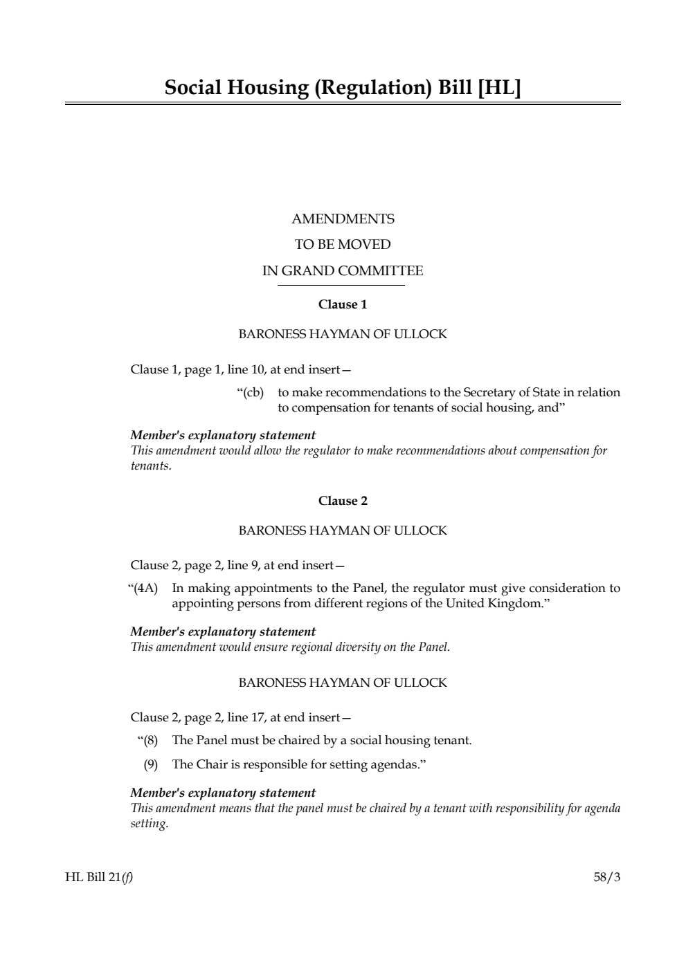 Social Housing (Regulation) Bill Amendments to be moved in Grand Committee