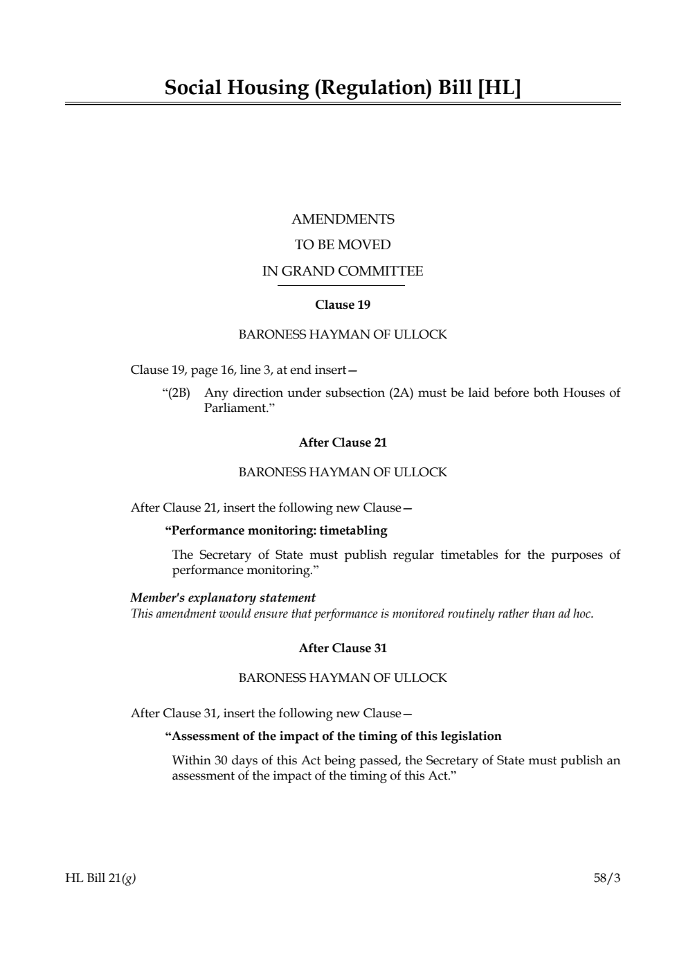 Social Housing (Regulation) Bill Amendments to be moved in Grand Committee