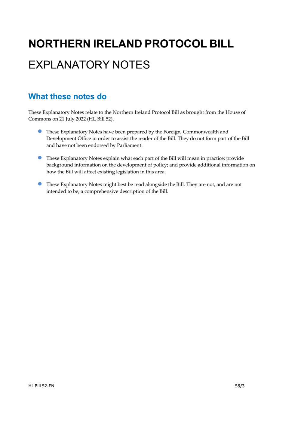 Northern Ireland Protocol Bill Explanatory Notes