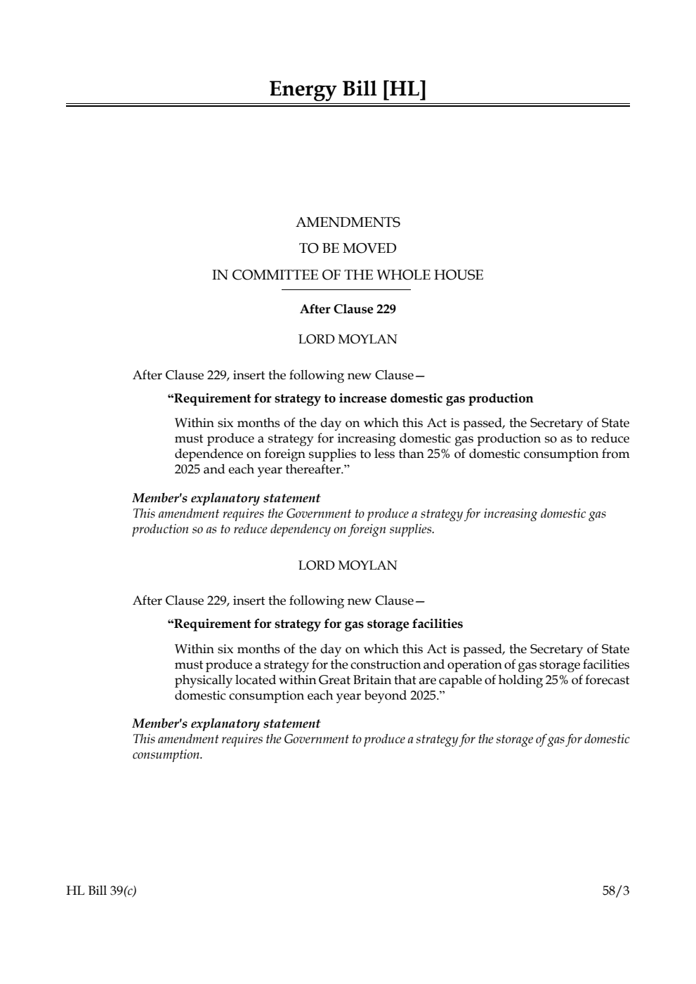 Energy Bill Amendments to be moved in Committee of the Whole House