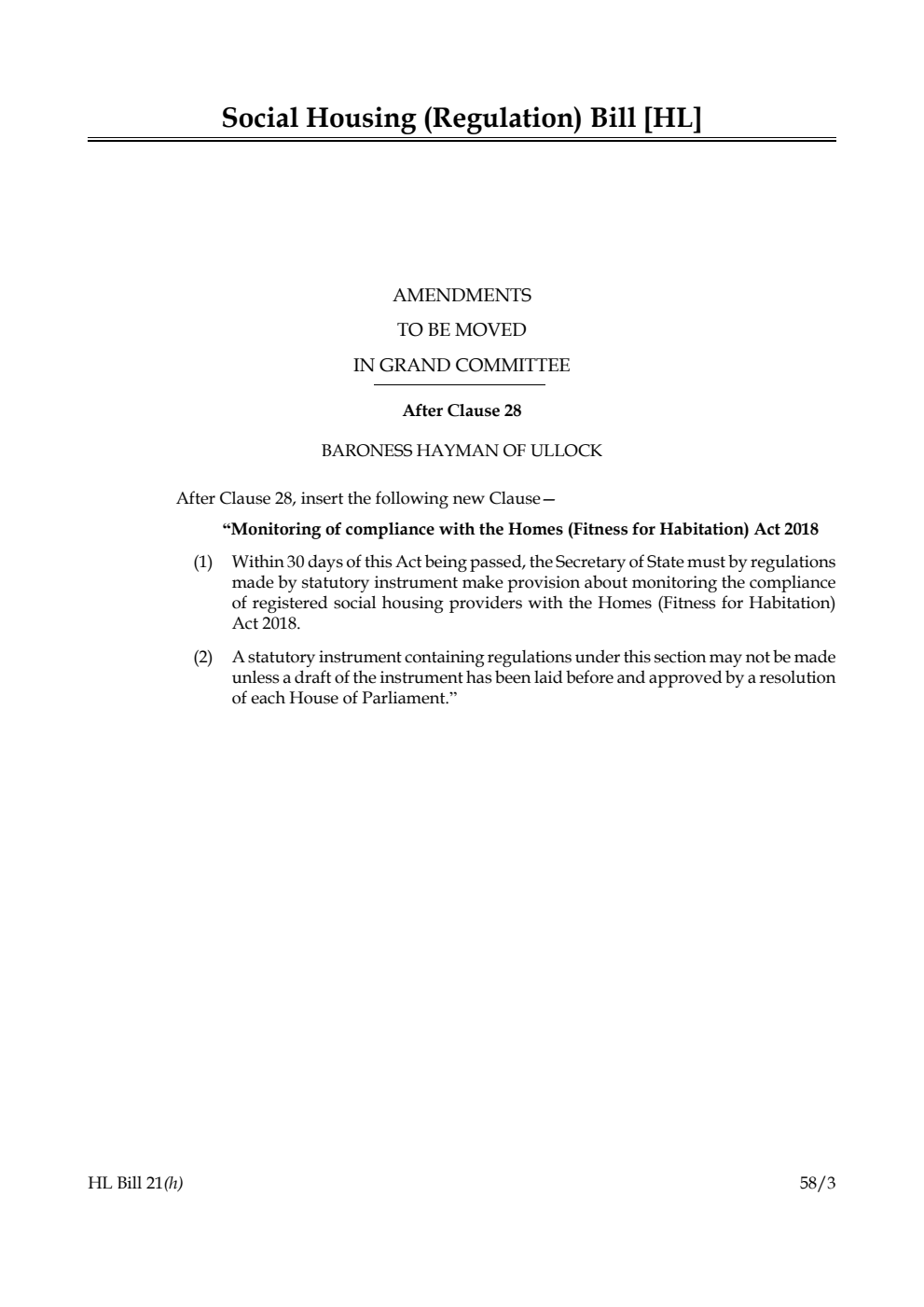 Social Housing (Regulation) Bill Amendments to be moved in Grand Committee