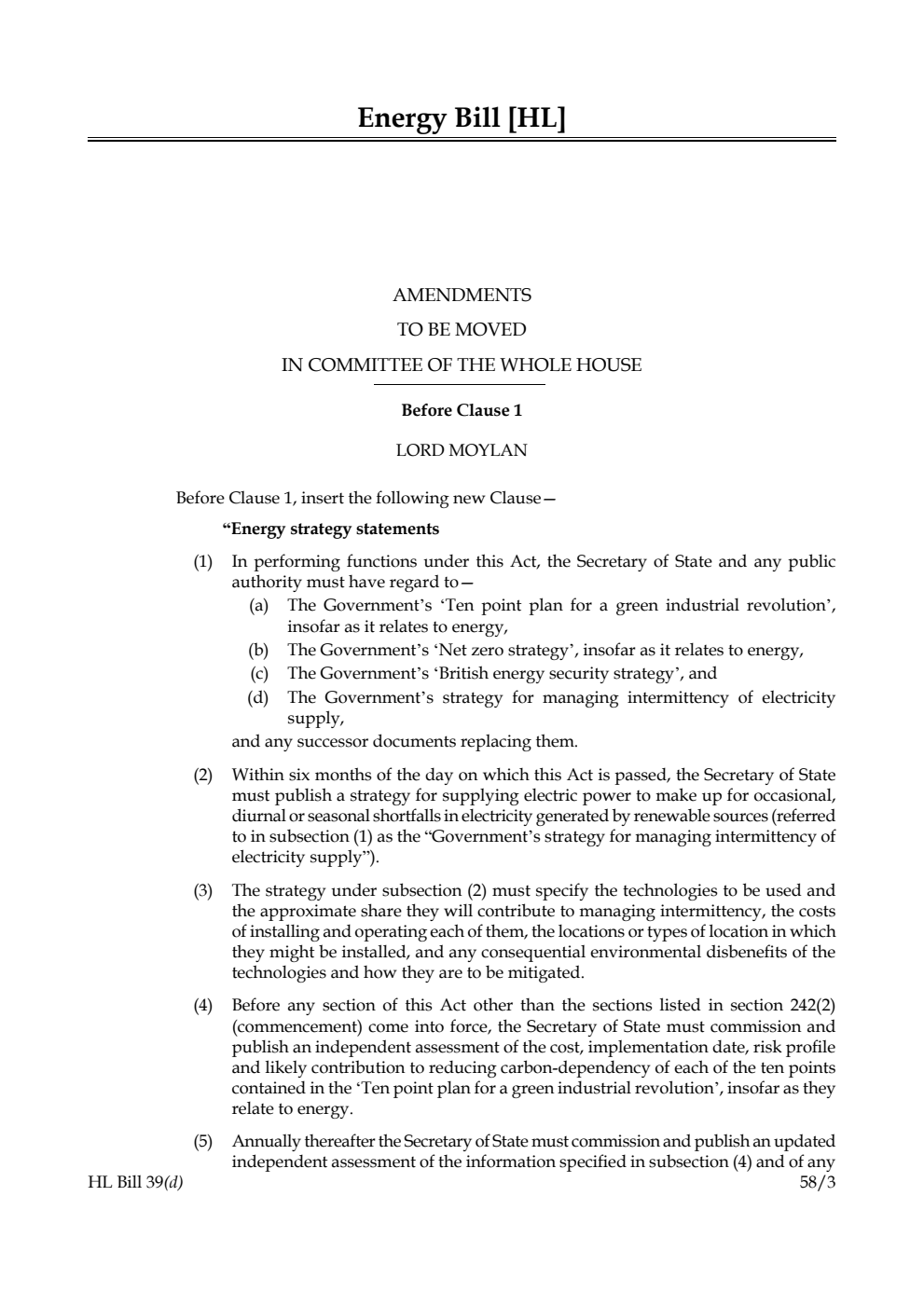 Energy Bill Amendments to be moved in Committee of the Whole House