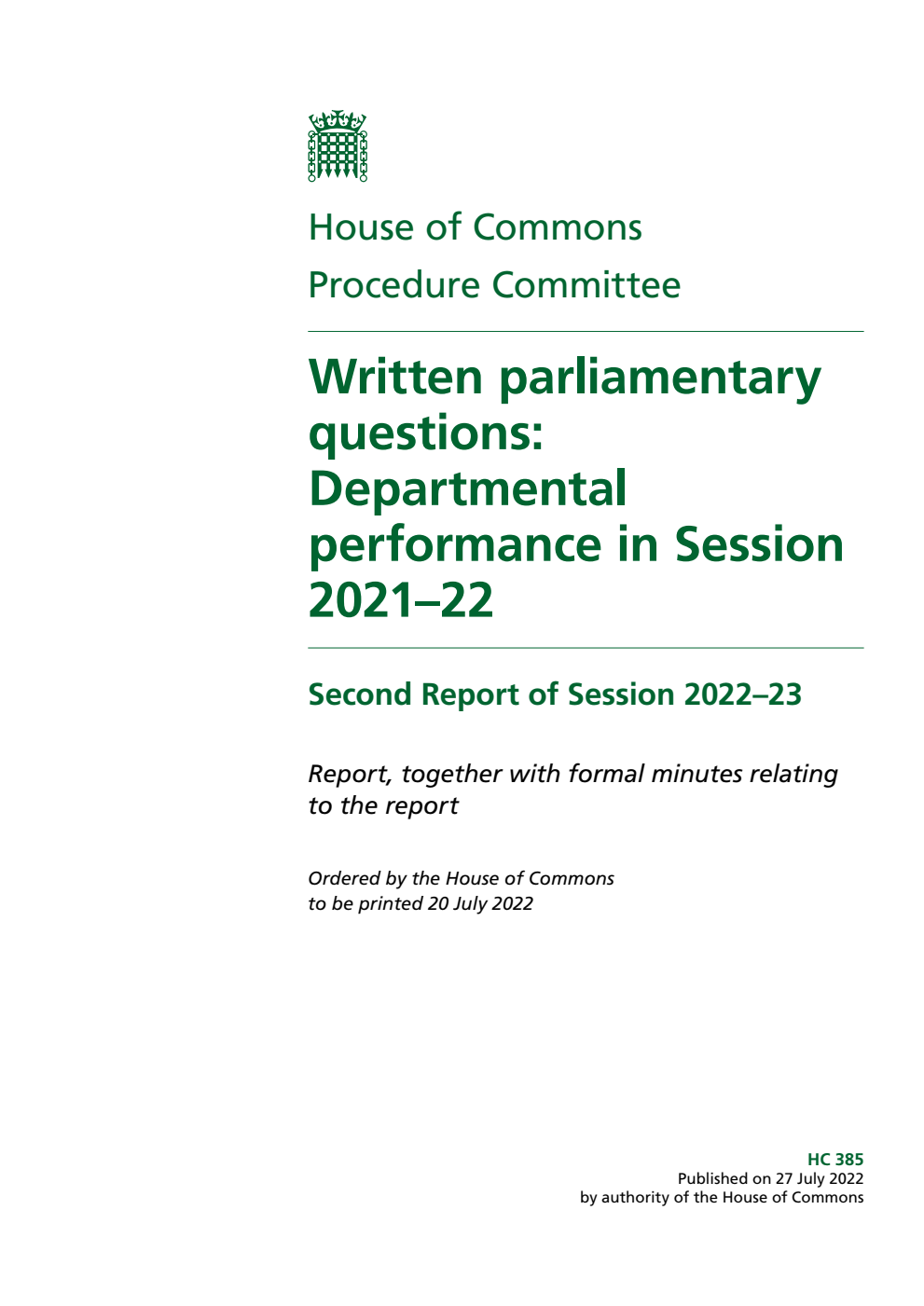 Procedure Committee Written parliamentary questions: Departmental performance in Session 2021–22: Second Report