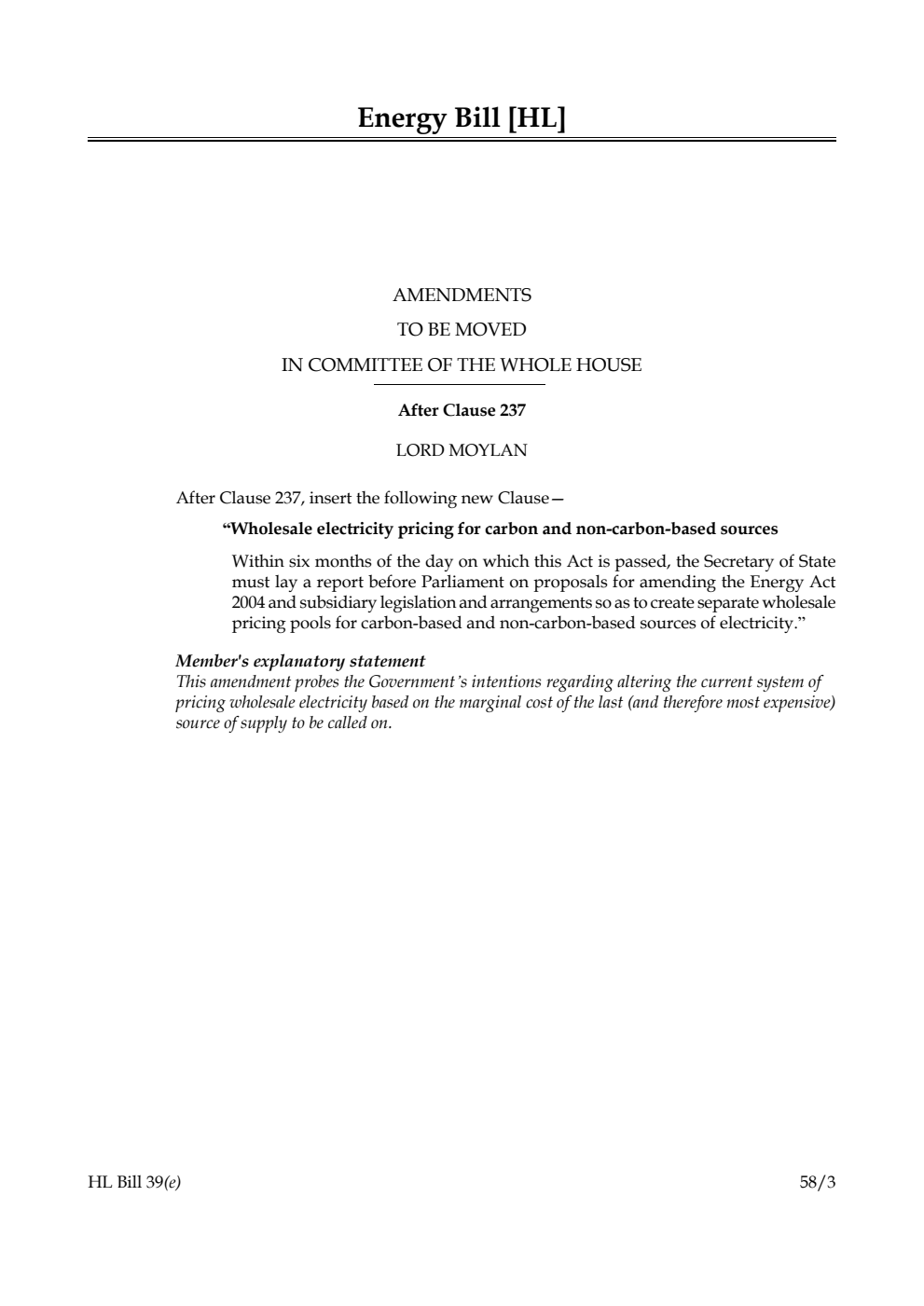 Energy Bill Amendments to be moved in Committee of the Whole House