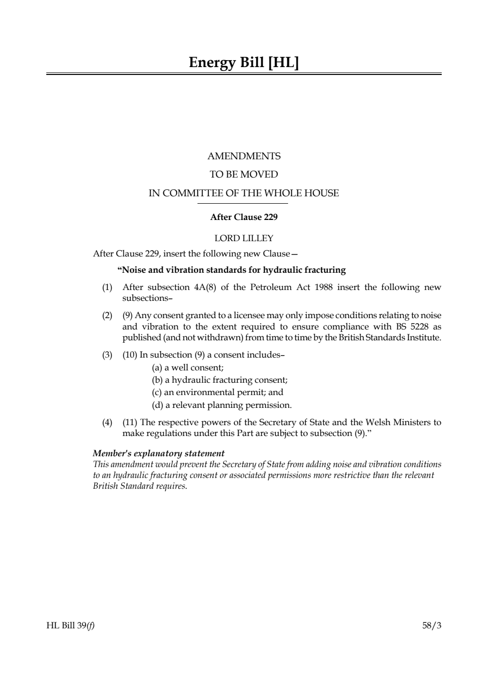 Energy Bill Amendments to be moved in Committee of the Whole House