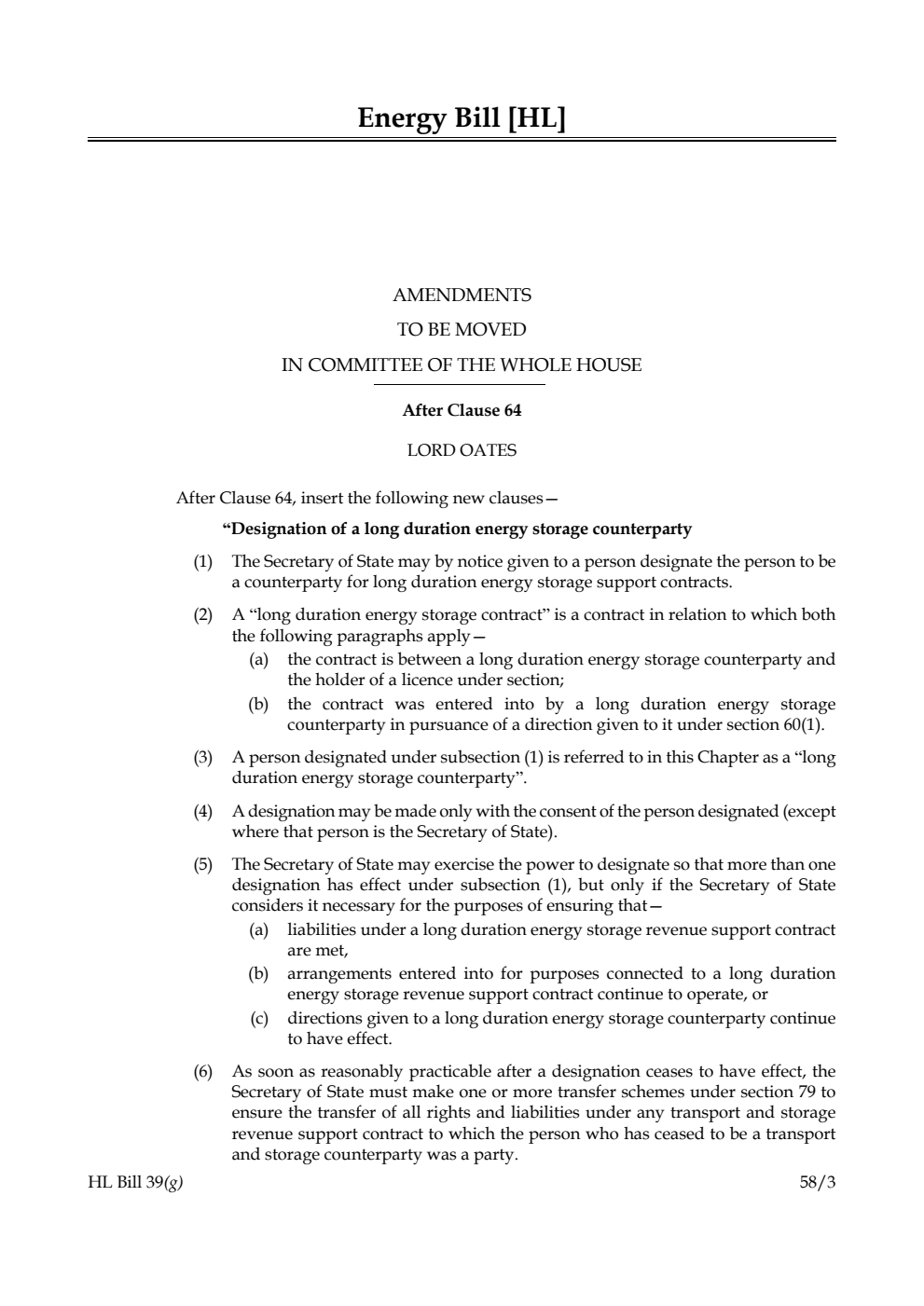 Energy Bill Amendments to be moved in Committee of the Whole House