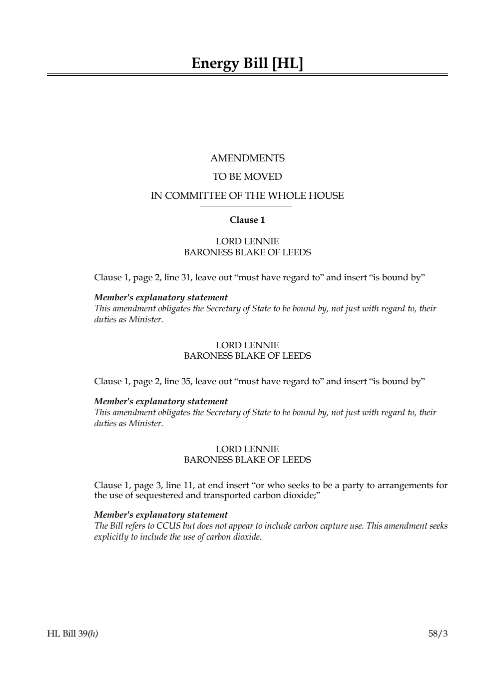 Energy Bill Amendments to be moved in Committee of the Whole House