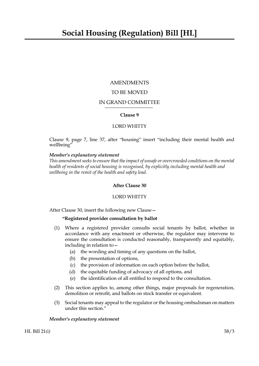 Social Housing (Regulation) Bill Amendments to be moved in Grand Committee