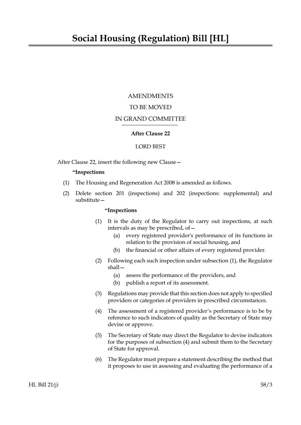 Social Housing (Regulation) Bill Amendments to be moved in Grand Committee