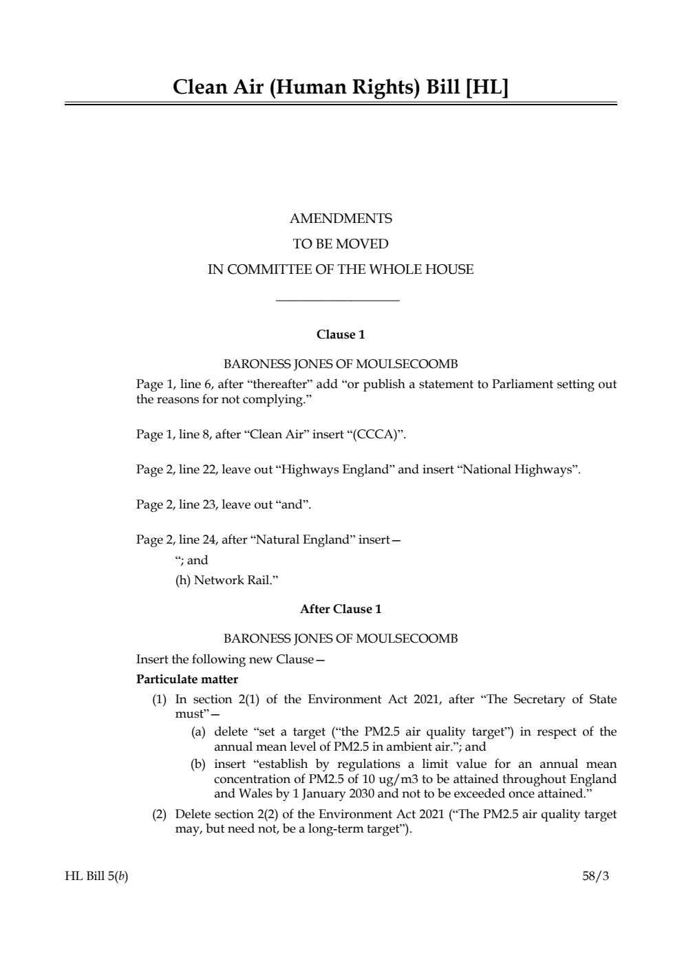 Clean Air (Human Rights) Bill Amendments to be moved in Committee of the Whole House