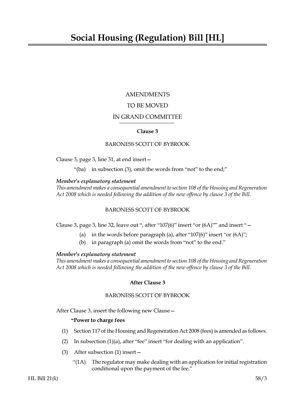 Social Housing (Regulation) Bill Amendments to be moved in Grand Committee