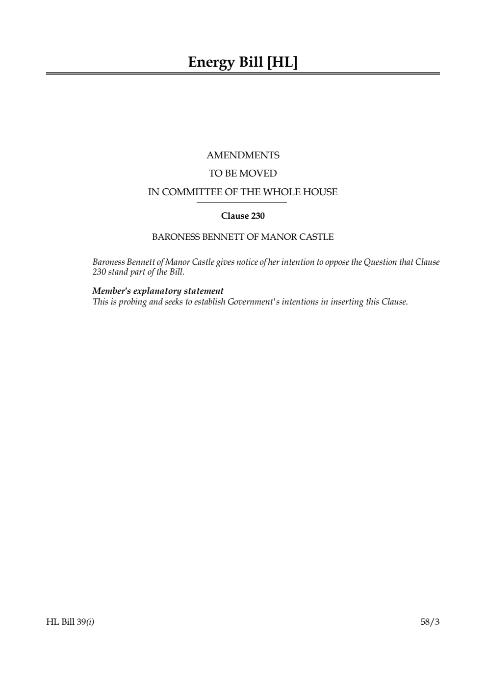 Energy Bill Amendments to be moved in Committee of the Whole House