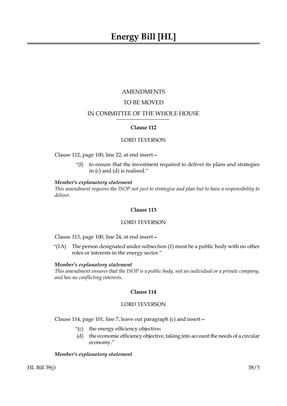 Energy Bill Amendments to be moved in Committee of the Whole House