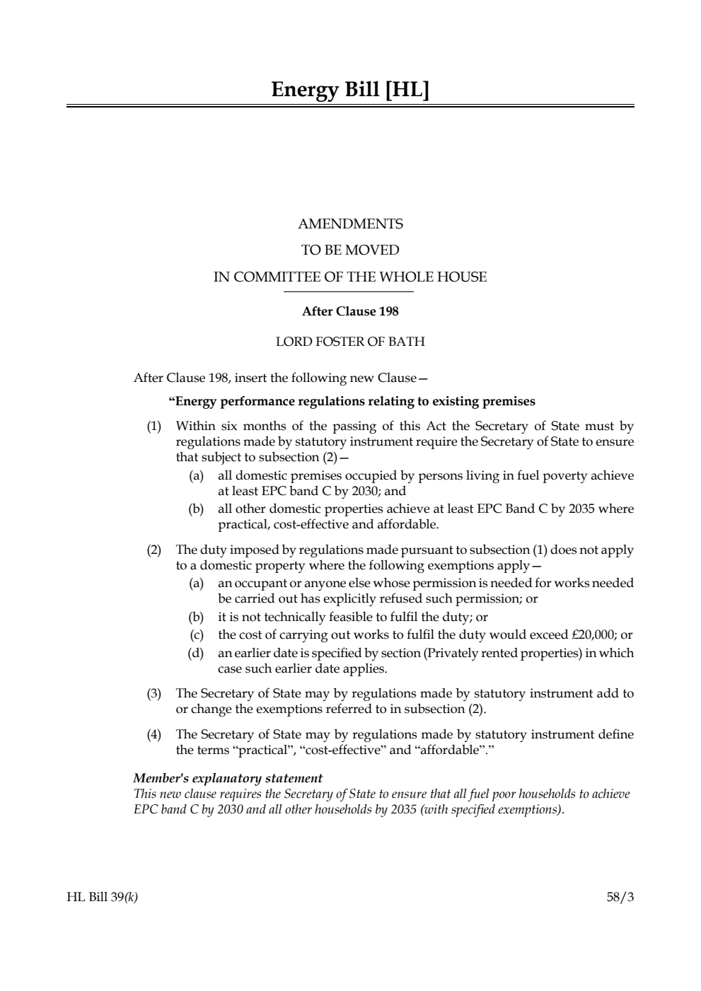 Energy Bill Amendments to be moved in Committee of the Whole House