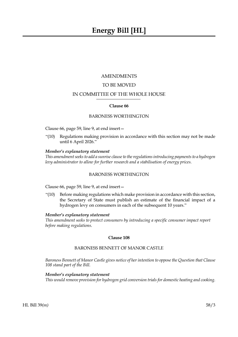 Energy Bill Amendments to be moved in Committee of the Whole House