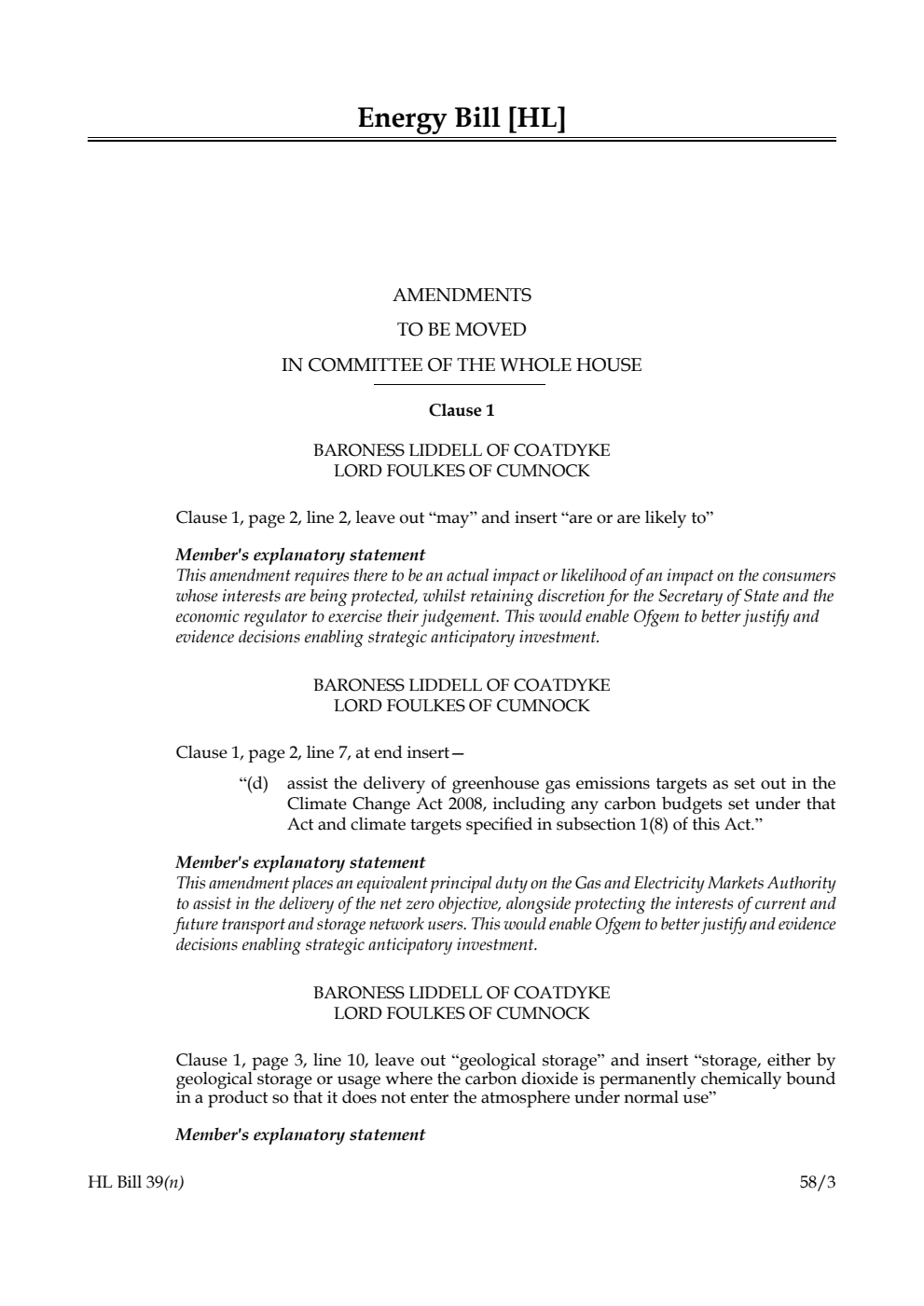 Energy Bill Amendments to be moved in Committee of the Whole House