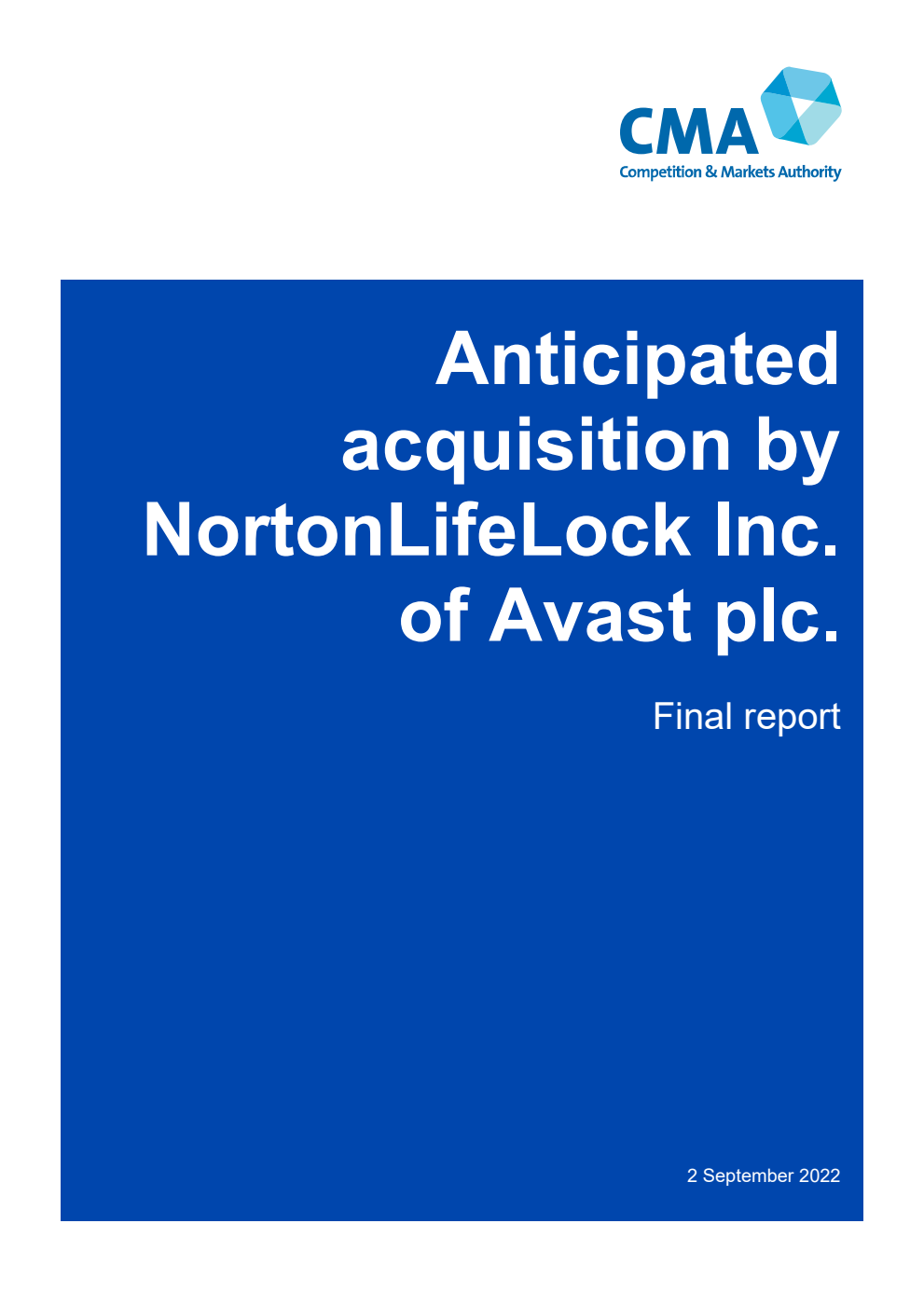 Anticipated acquisition by NortonLifeLock Inc. of Avast plc. Final report