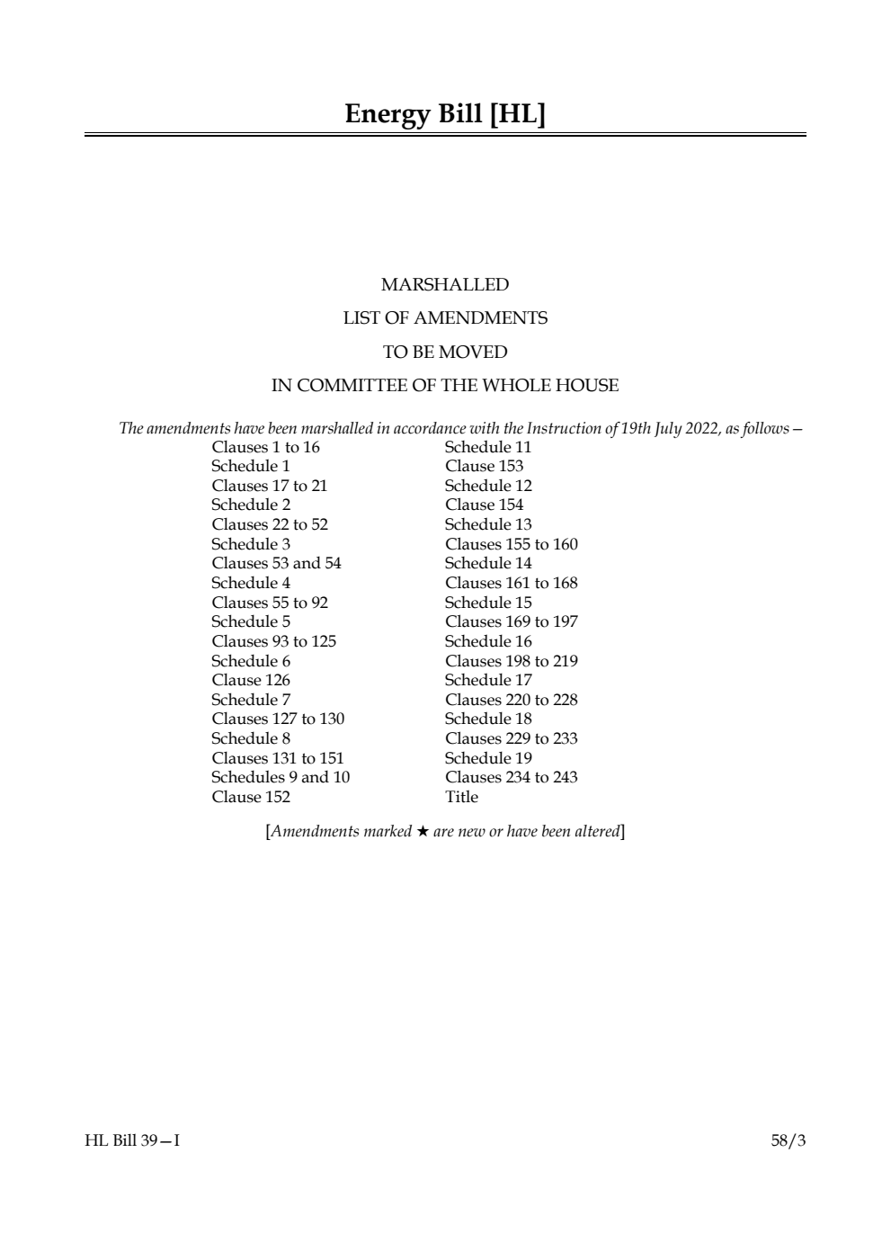 Energy Bill Marshalled List of Amendments to be moved in Committee of the Whole House