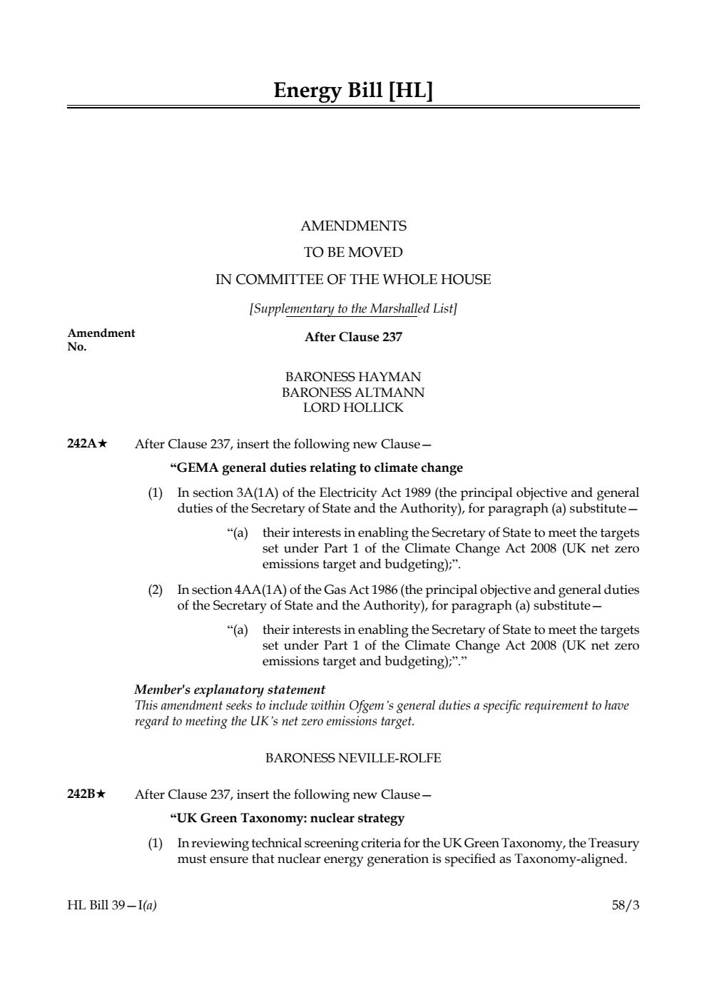 Energy Bill Amendments to be moved in Committee of the Whole House [Supplementary to the Marshalled List]