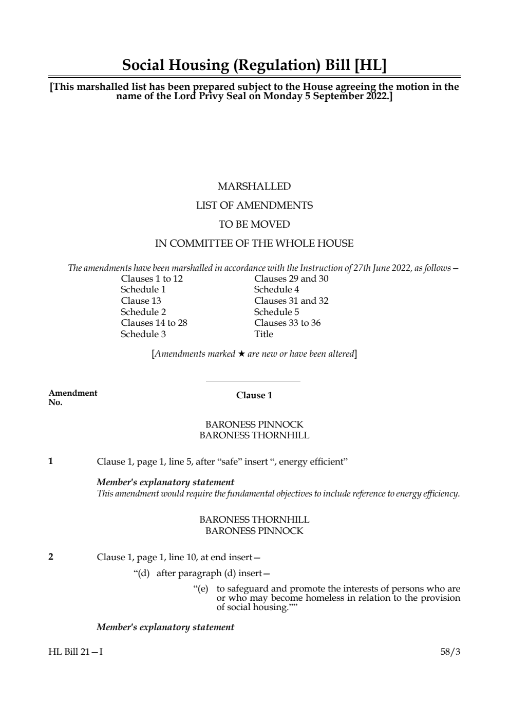 Social Housing (Regulation) Bill Marshalled List of Amendments to be moved in Committee of the Whole House