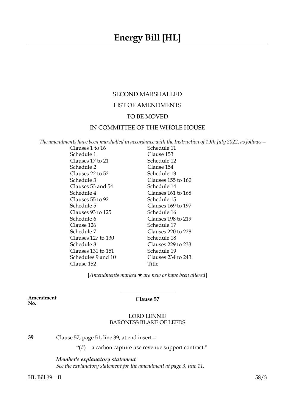 Energy Bill Second Marshalled List of Amendments to be moved in Committee of the Whole House