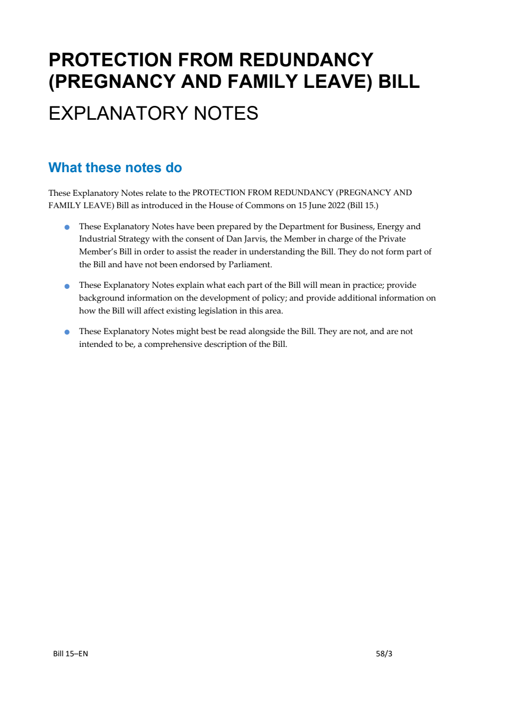 Protection from Redundancy (Pregnancy and Family Leave) Bill Explanatory Notes