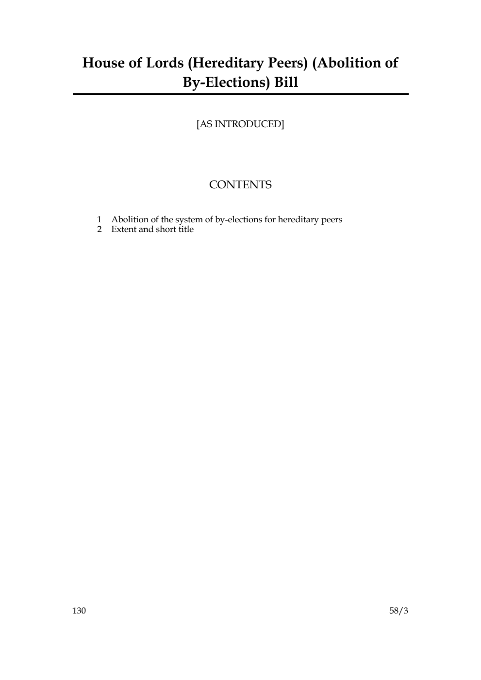 House of Lords (Hereditary Peers) (Abolition of By-Elections) Bill