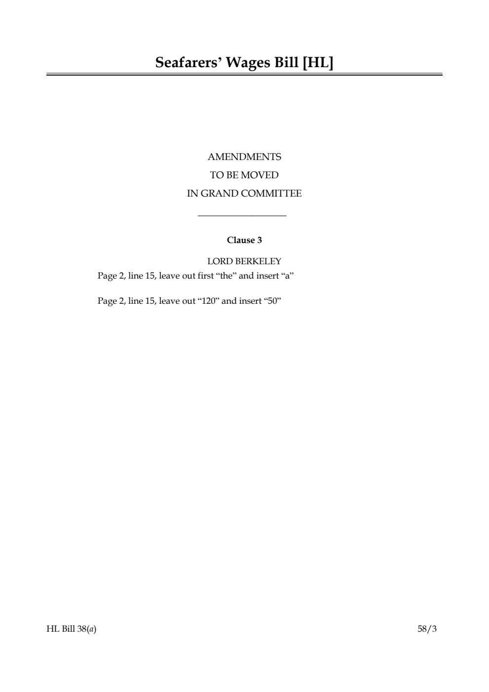 Seafarers' Wages Bill Amendments to be moved in Grand Committee