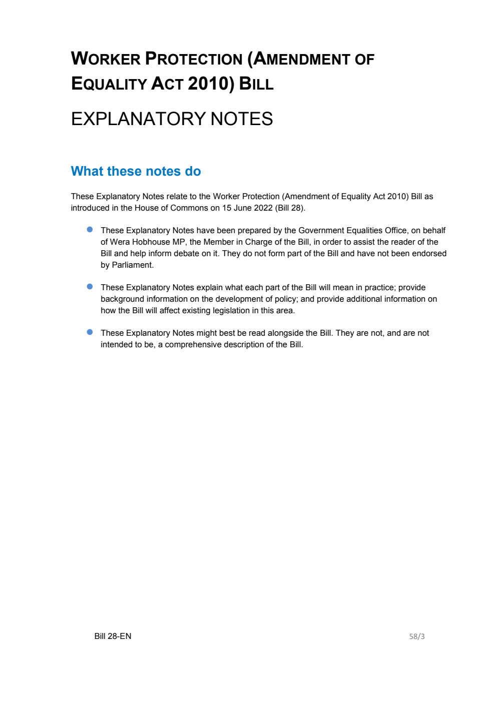 Worker Protection (Amendment of Equality Act 2010) Bill Explanatory Notes