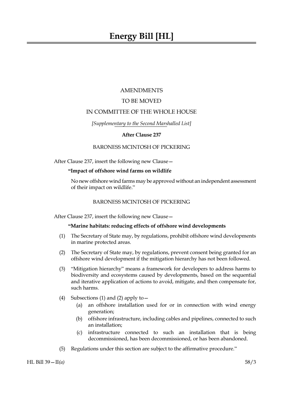 Energy Bill Amendments to be moved in Committee of the Whole House [Supplementary to the Second Marshalled List]