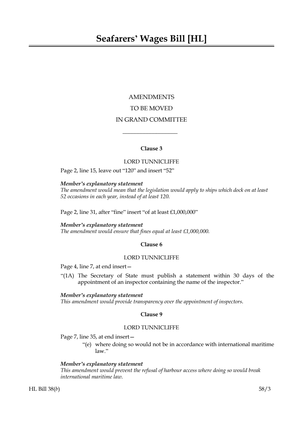 Seafarers' Wages Bill Amendments to be moved in Grand Committee