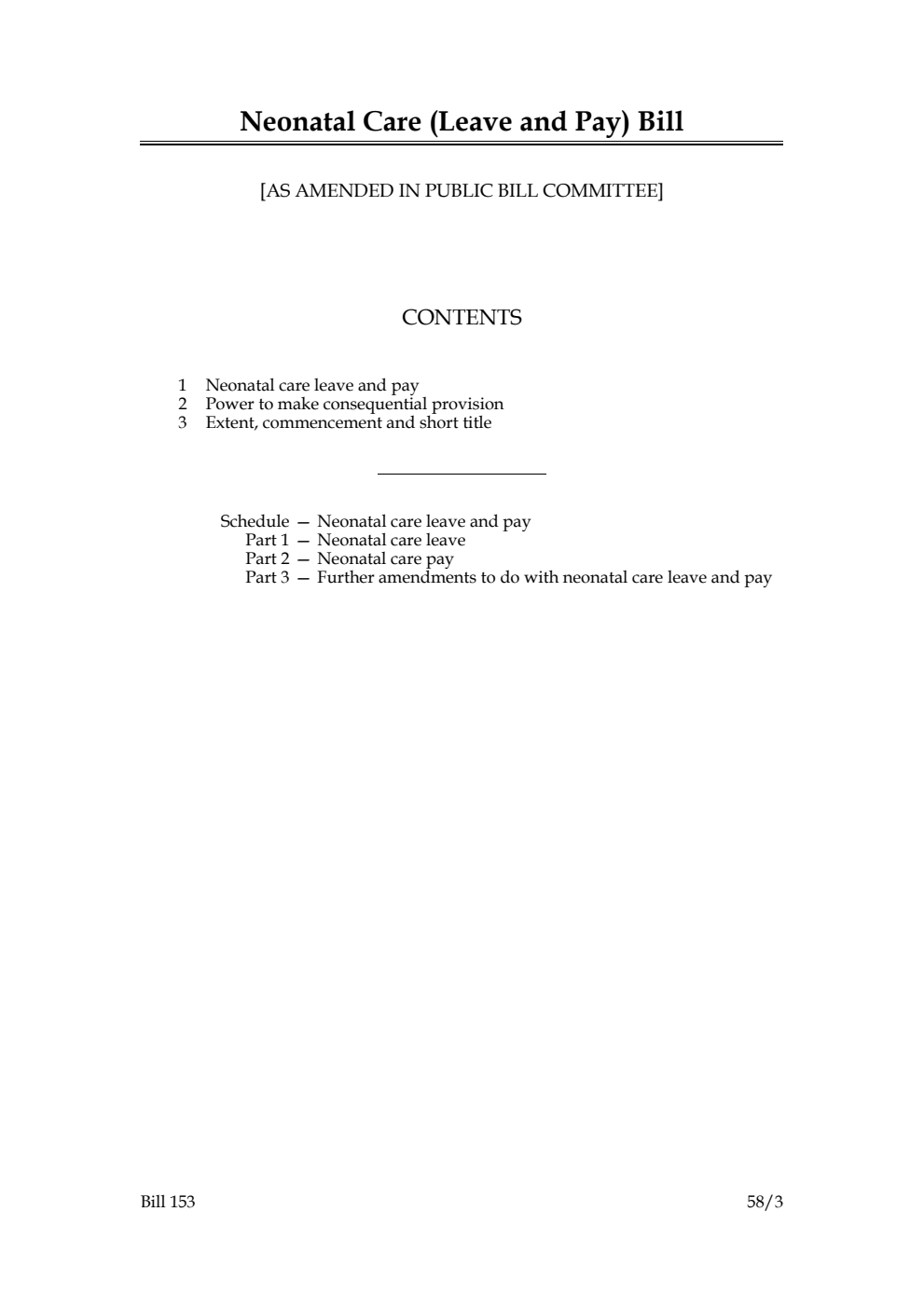 Neonatal Care (Leave and Pay) Bill [as amended in Public Bill Committee]