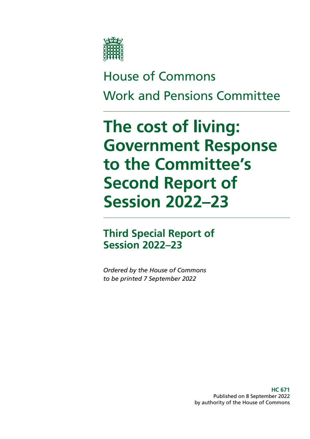 Work and Pensions Committee 3rd Special Report. The cost of living: Government Response to the Committee’s Second Report of Session 2022–23