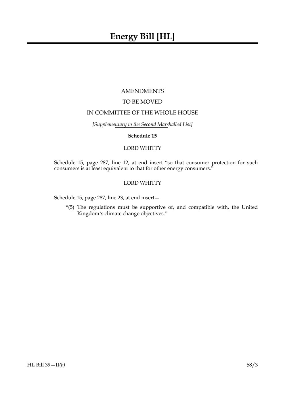 Energy Bill Amendments to be moved in Committee of the Whole House [Supplementary to the Second Marshalled List]