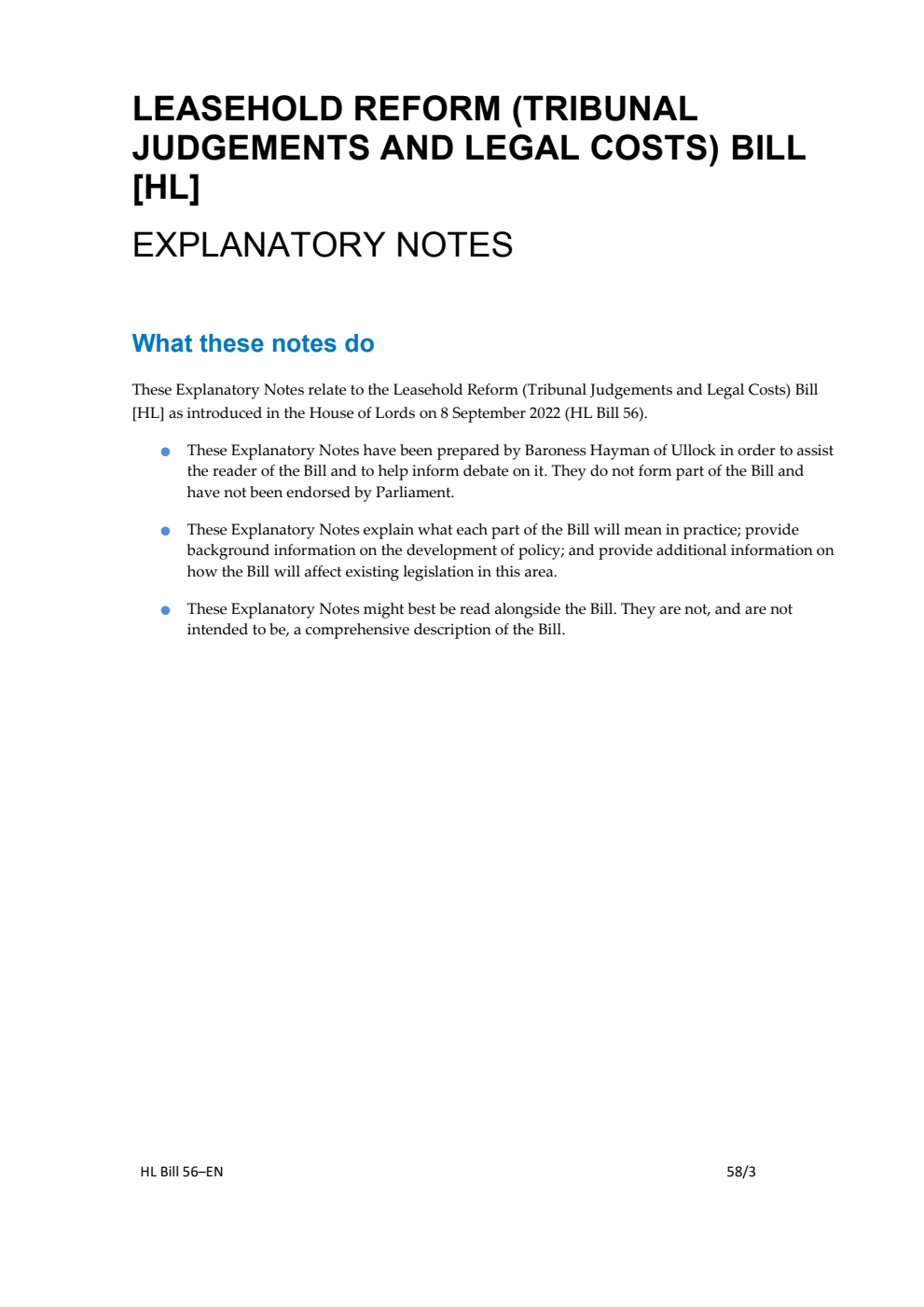 Leasehold Reform (Tribunal Judgments and Legal Costs) Bill Explanatory Notes