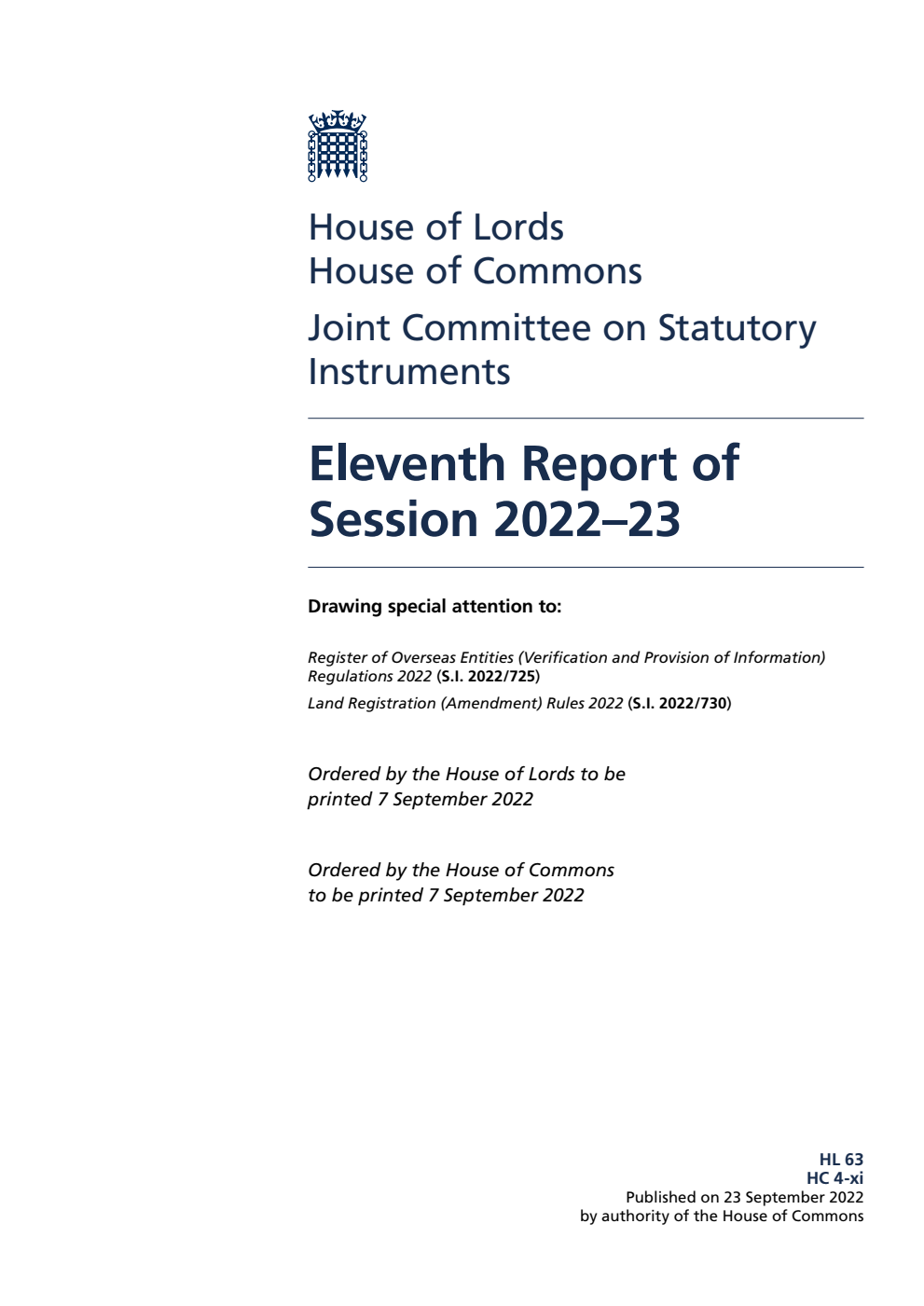 Joint Committee on Statutory Instruments 11th Report of Session 2022-23