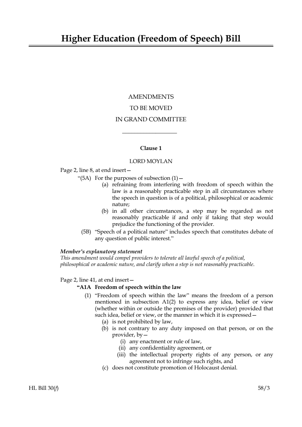 Higher Education (Freedom of Speech) Bill Amendments to be moved in Grand Committee