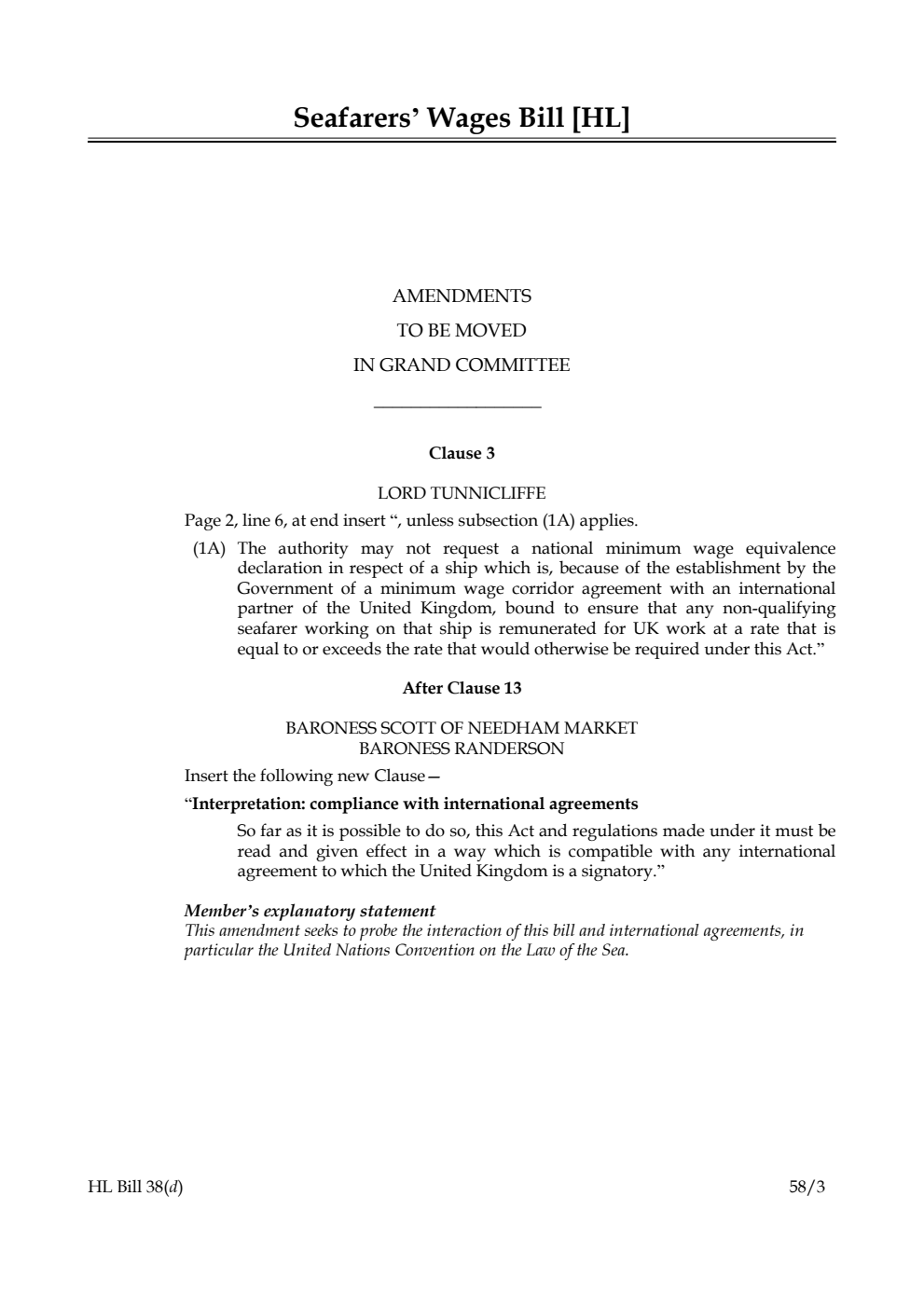 Seafarers' Wages Bill Amendments to be moved in Grand Committee