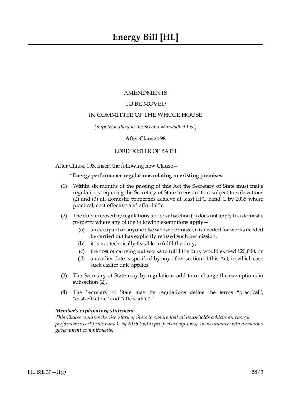 Energy Bill Amendments to be moved in Committee of the Whole House [Supplementary to the Second Marshalled List]