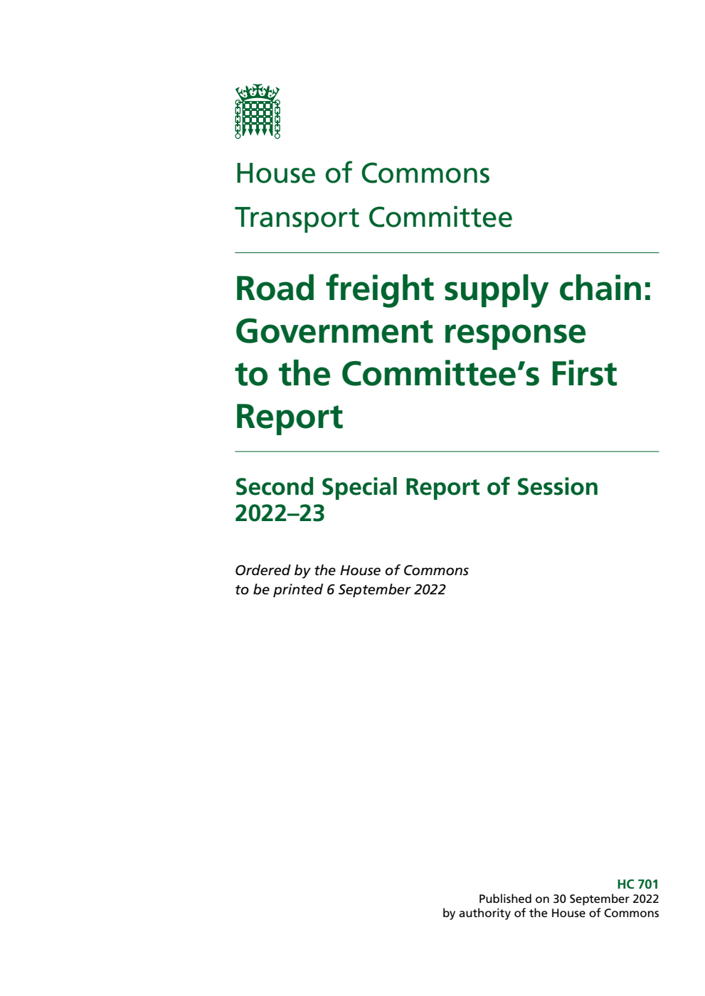Transport Committee 2nd Special Report.  Road freight supply chain: Government response to the Committee’s First Report