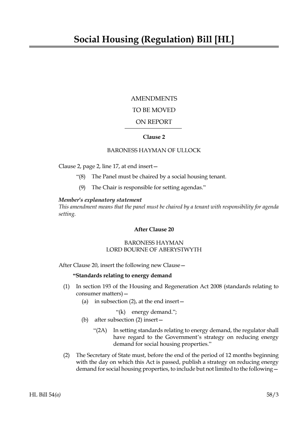 Social Housing (Regulation) Bill Amendments to be moved on Report