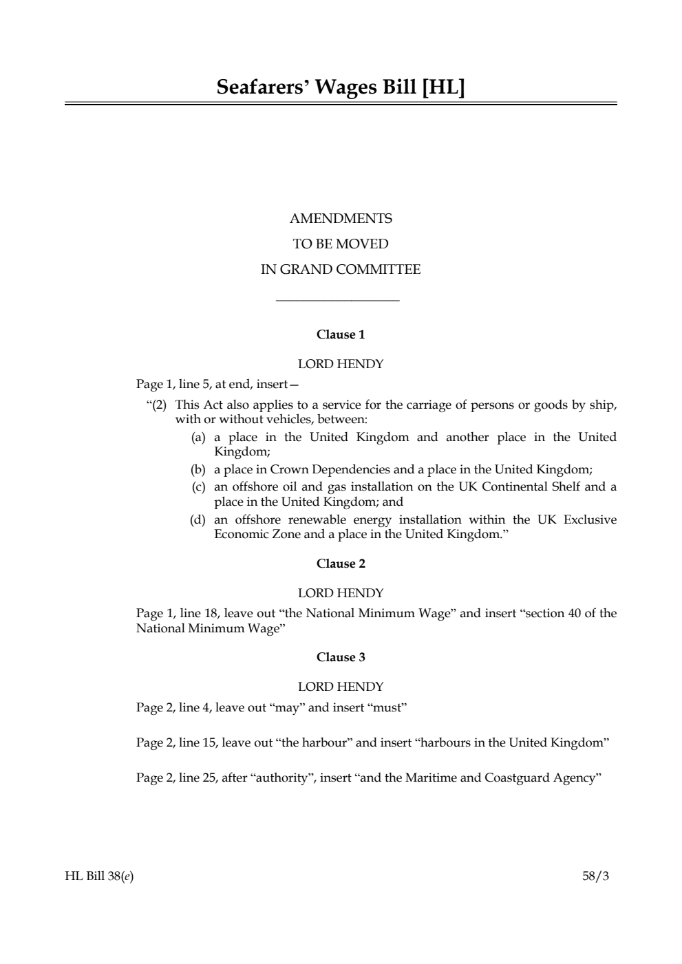 Seafarers' Wages Bill Amendments to be moved in Grand Committee