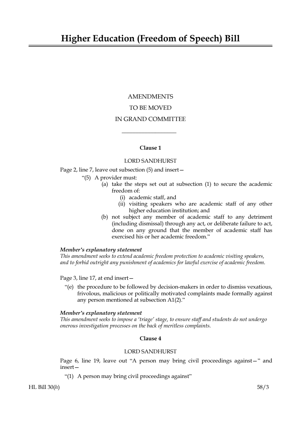 Higher Education (Freedom of Speech) Bill Amendments to be moved in Grand Committee