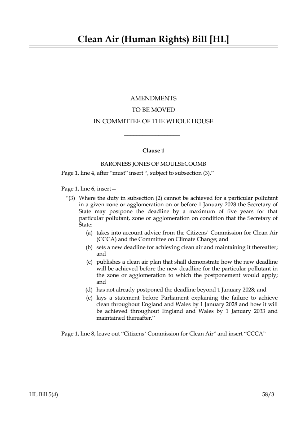 Clean Air (Human Rights) Bill Amendments to be moved in Committee of the Whole House
