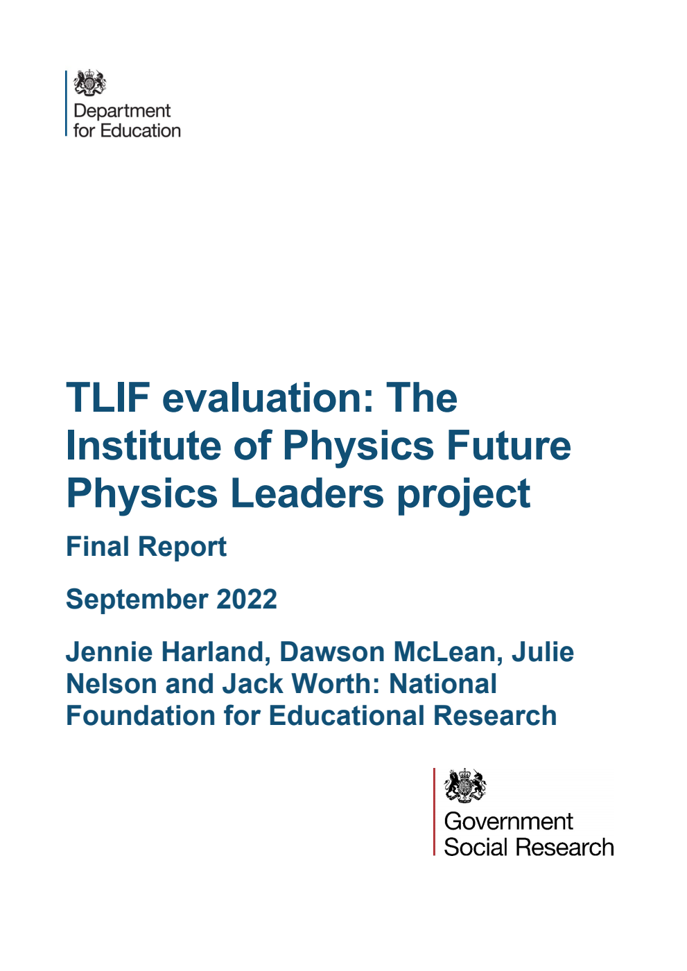 DFE-RR1254 TLIF evaluation: The Institute of Physics Future Physics Leaders project. Final Report. September 2022