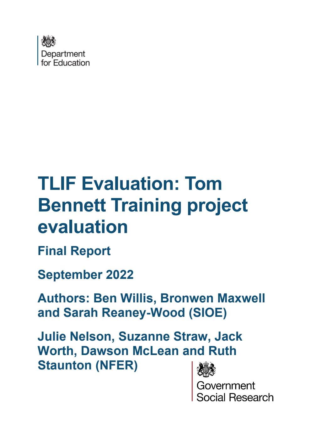 DFE-RR1259 TLIF Evaluation: Tom Bennett Training project evaluation. Final Report. September 2022