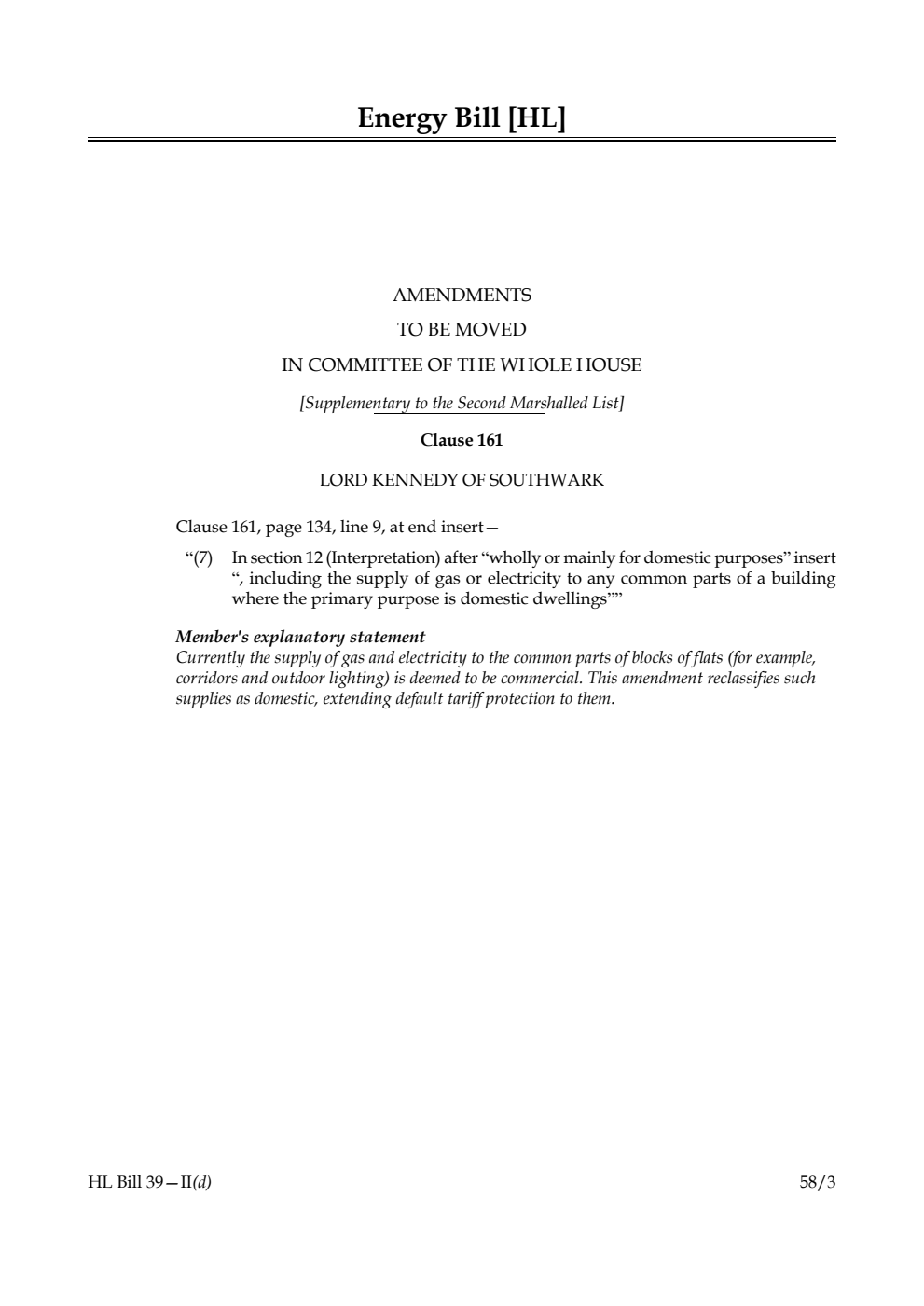 Energy Bill Amendments to be moved in Committee of the Whole House [Supplementary to the Second Marshalled List]