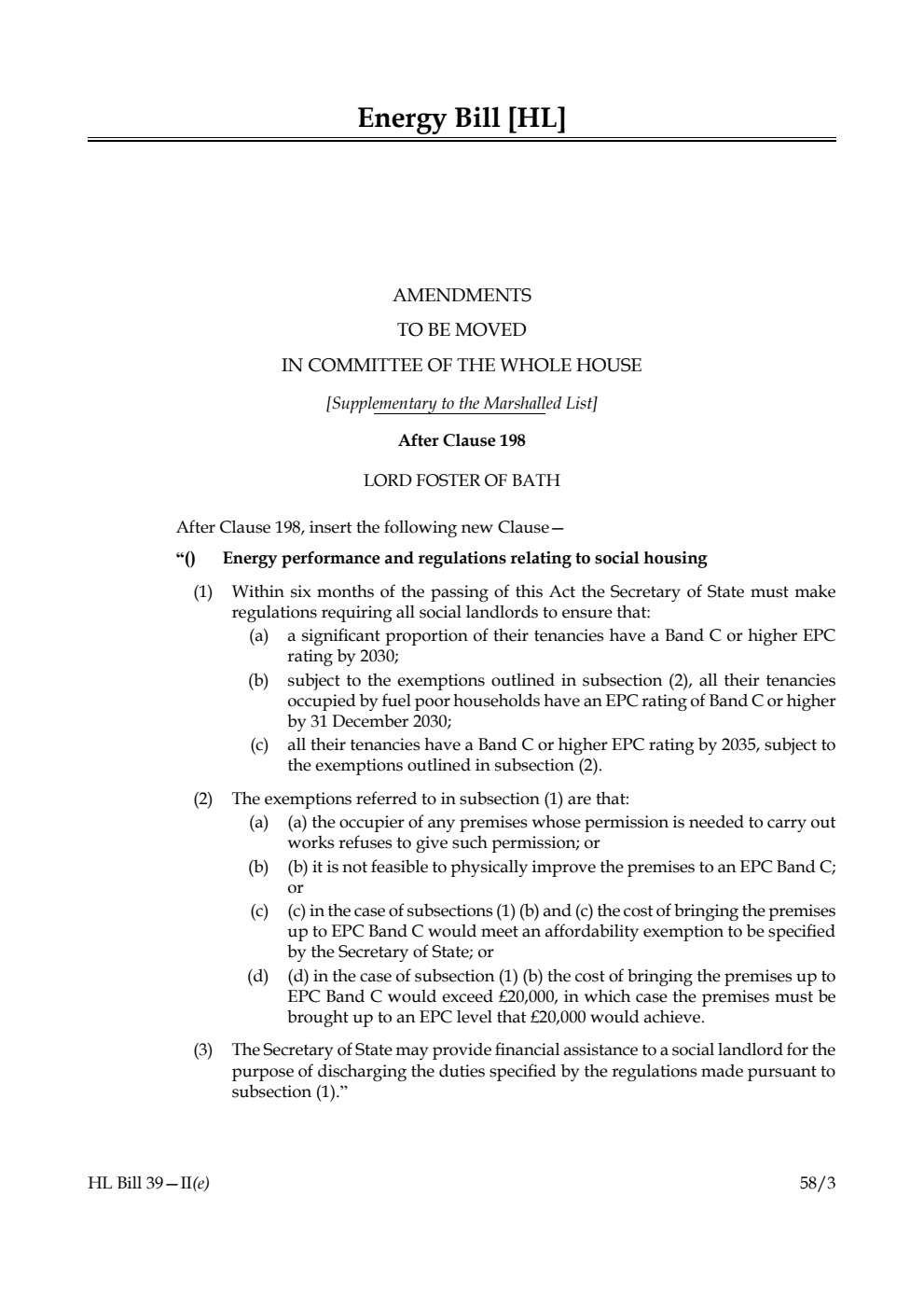 Energy Bill Amendments to be moved in Committee of the Whole House [Supplementary to the Second Marshalled List]