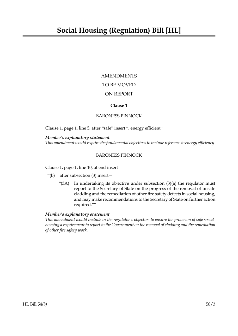 Social Housing (Regulation) Bill Amendments to be moved on Report